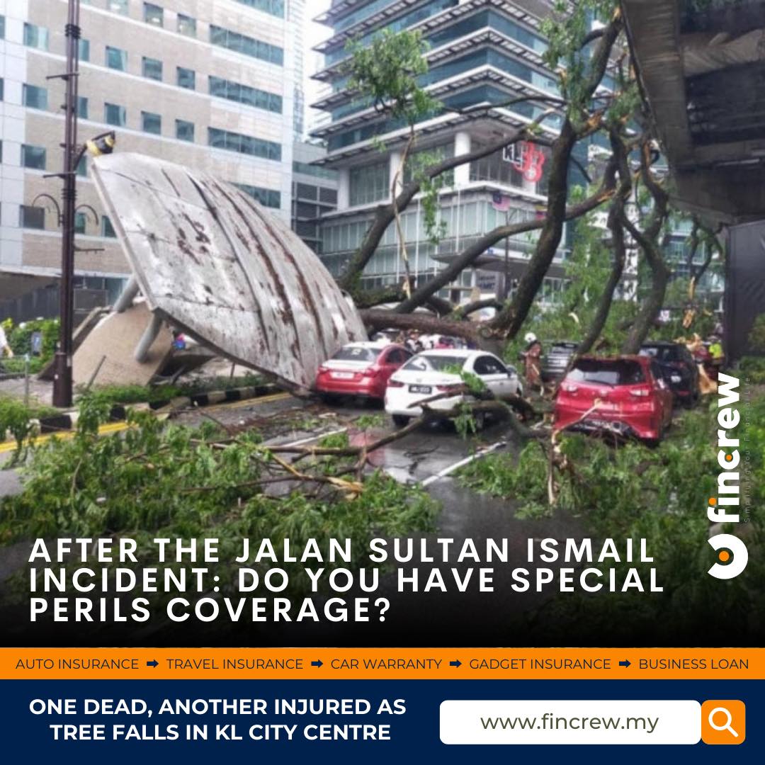 Tragedy struck yesterday when a giant tree fell along Jalan Sultan Ismail, trapping 17 vehicles and leaving a motorist dead. The strong winds and heavy rain caused a 50-year-old tree to collapse, claiming the life of a 47-year-old man in his Mercedes-Benz. Despite frantic efforts by onlookers and the City Fire and Rescue Department, he could not be saved. Two others, including a Swedish woman, were rescued with injuries and taken to Hospital Kuala Lumpur for treatment.

The incident left many wondering: Can you claim insurance for damages caused by a fallen tree?

👉 Answer: Yes! In Malaysia, you can claim insurance for natural disasters like fallen trees, floods, and landslides. However, to cover such incidents, it’s crucial to have the Special Perils add-on in your comprehensive auto insurance.

Here’s what you should do if you’re involved in such an incident:

	1.	Document the Damage: Take photos or videos of the scene and your vehicle.
	2.	Report to Your Insurer: Contact your insurance provider immediately to report the incident.
	3.	File a Police Report: This can be crucial evidence to support your claim.
	4.	Review Your Policy: Ensure your policy includes the Special Perils add-on.

Stay prepared and secure the right coverage with www.Fincrew.my Auto Insurance. Get a quote, compare, and renew your policy today for peace of mind on the road.

#Fincrew #SpecialPerils #InsuranceMatters #TreeFallIncident #AutoInsurance